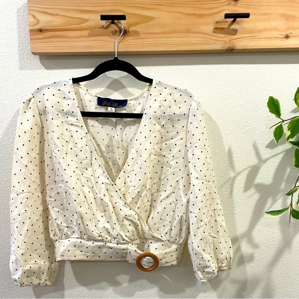 Blue Rain Polka Dot Faux Wrap Top M